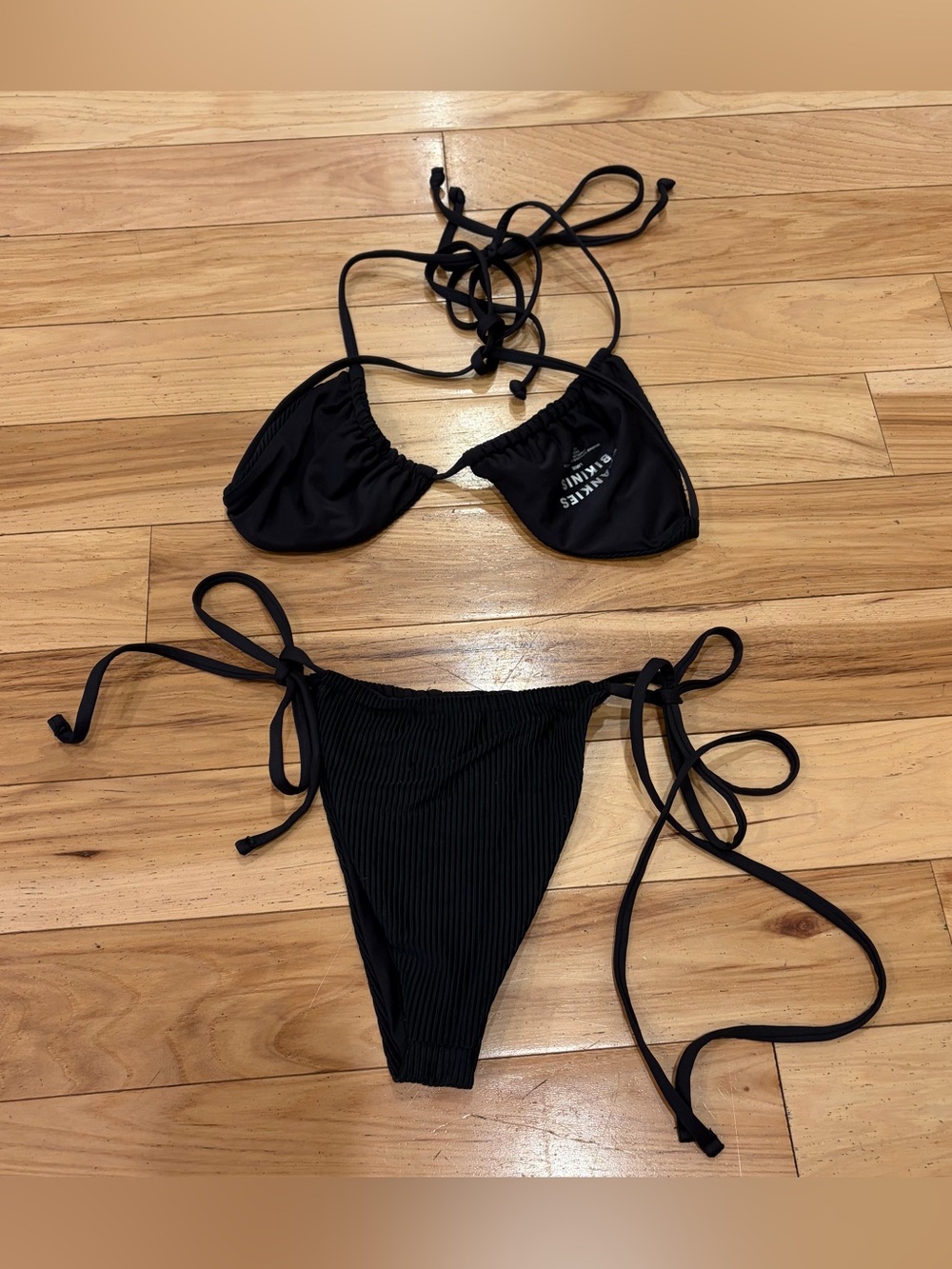 Frankies Bikinis Tia Triangle Skimpy Tie Ribbed String Black Bikini Swimsuit - Picture 2 of 5